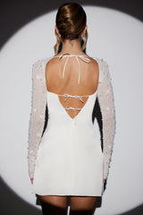 Long Sleeve Embellished A-line Mini Dress in White
