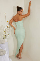 Hand Embellished Asymmetric Midi Dress in Sage