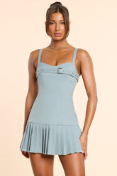Brushed Twill Drop Waist Kilt Mini Dress in Stone Blue
