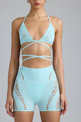 Embellished Cross-Strap Bikini Top in Ice Blue