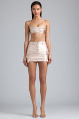 Metallic Denim Mid-Rise Cargo Mini Skirt in Champagne
