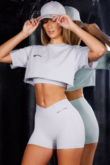 High Waist Cross Over Ribbed Mini Shorts in Grey