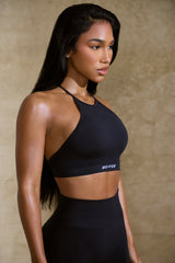 High Neck Open Back Define Luxe Sports Bra in Black