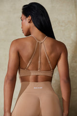 High Neck Open Back Define Luxe Sports Bra in Warm Taupe