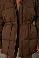 Mid Length Hooded Puffer Coat in Cocoa Brown