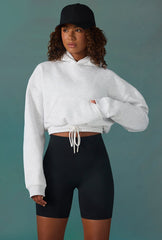 Cropped Drawstring Hooded Sweatshirt in Ice Grey