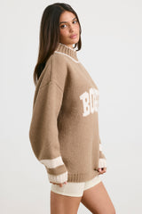 Oversized Quarter-Zip Chunky-Knit Jumper in Espresso