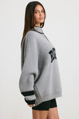 Oversized Quarter-Zip Chunky-Knit Jumper in Heather Grey