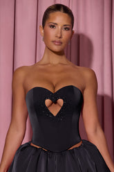 Embellished Heart Cut-Out Strapless Corset Top in Black