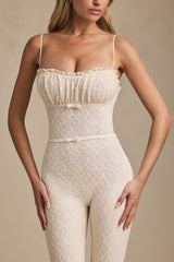 Bow-Detail Lace Flared Jumpsuit in Ivory