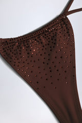 Embellished Drawstring Thong Bikini Bottoms in Chocolate Brown
