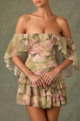 Off-Shoulder Ruffled Mini Dress in Floral Multi Print