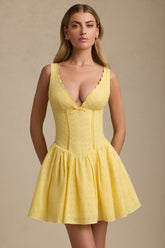 Broderie Anglaise Bow-Detail A-Line Mini Dress in Pastel Yellow