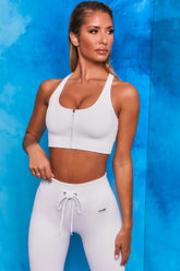 Flex Ribbed Zip Front Crop Top in White