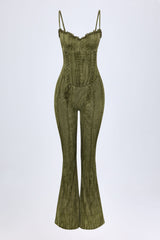 Lace-Up Ruffled Flared Jumpsuit in Green Print