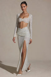 Embellished Ruched Maxi Skirt in White