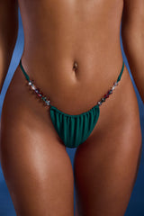 Bead-Embellished Drawstring Thong Bikini Bottoms in Jade Green