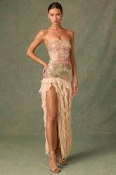 Embellished Ruffle-Trim Strapless Gown in Rose Hotfix