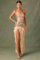 Embellished Ruffle-Trim Strapless Gown in Rose Hotfix