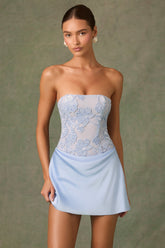 Embellished Draped Strapless A-Line Mini Dress in Sky Blue