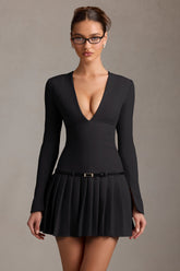 Long-Sleeve Pleated Mini Dress in Black