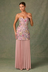 Embellished Convertible Lace-Up Gown in Floral Pink