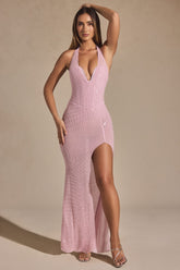 Embellished Halterneck Corset Gown in Lavender Pink