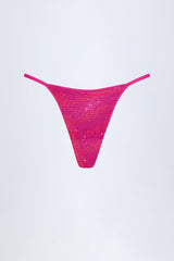 Embellished Thong Bikini Bottoms in Pink Tropical Hotfix