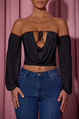 Off-Shoulder Draped Balloon-Sleeve Top in Black