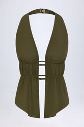 Cut-Out Semi-Sheer Ruched Halterneck Crop Top in Dark Khaki