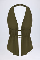 Cut-Out Semi-Sheer Ruched Halterneck Crop Top in Dark Khaki
