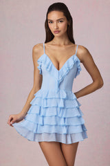 Ruffled Lace-Up A-Line Mini Dress in Powder Blue