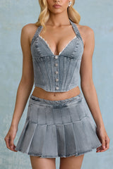 Halterneck Corset Top in Light Blue