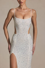 Embellished Cut-Out Fishtail Maxi Dress in White
