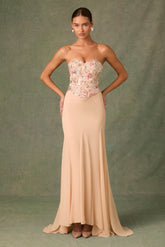 Embellished Corset Fishtail Gown in Floral Beige