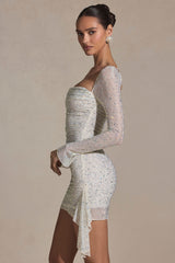 Embellished Draped Cowl-Neck Mini Dress in White