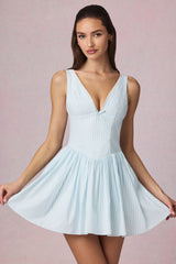 Bow-Detail A-Line Mini Dress in Powder Blue Stripe