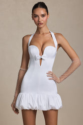 Bow-Detail Halterneck Bubble Hem Mini Dress in White