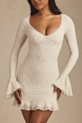Long-Sleeve Ruffled Lace Mini Dress in Ivory