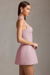 Pinstripe Halterneck Structured A-Line Mini Dress in Mauve