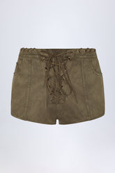 Lace-Up Mid-Rise Shorts in Dark Khaki