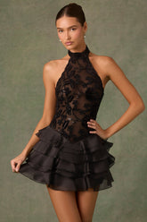 Embellished Ruffled Halterneck Mini Dress in Black