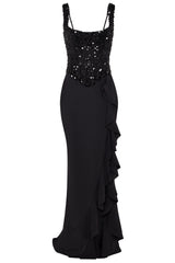 Embellished Ruffle-Trim Corset Gown in Black