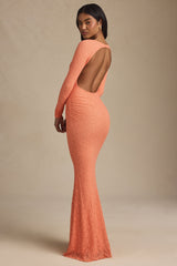 Ruched Backless Lace Maxi Dress in Peach