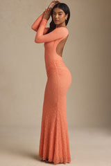 Ruched Backless Lace Maxi Dress in Peach