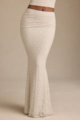 Draped Low-Rise Lace Maxi Skirt in Ivory