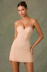 Embellished Sweetheart-Neck A-Line Mini Dress in Apricot