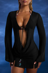 Bead-Embellished Cowl-Neck Sheer Mini Dress in Black