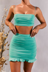 Frill Seeker Frill Ruched Mini Skirt in Turquoise