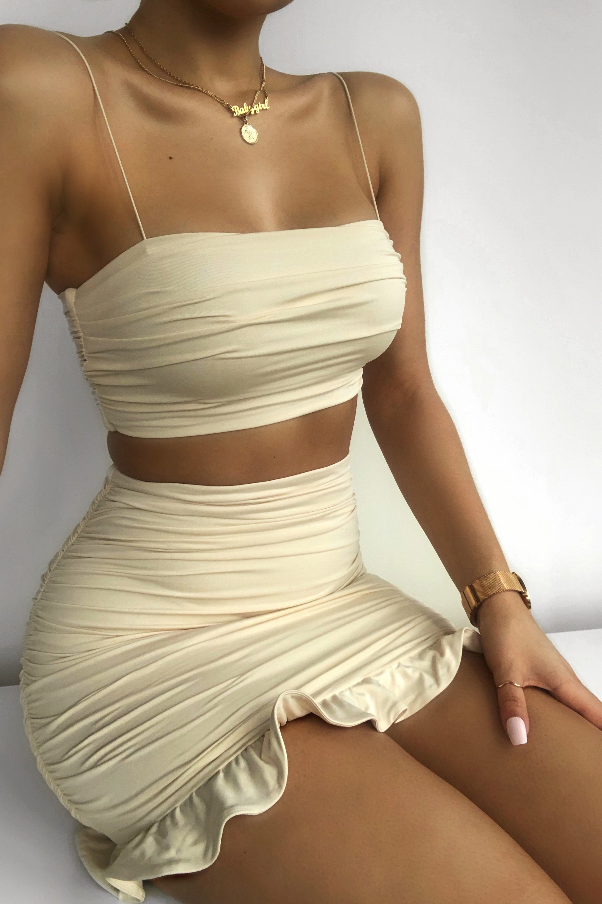 Frill Seeker Frill Ruched Mini Skirt in Ivory